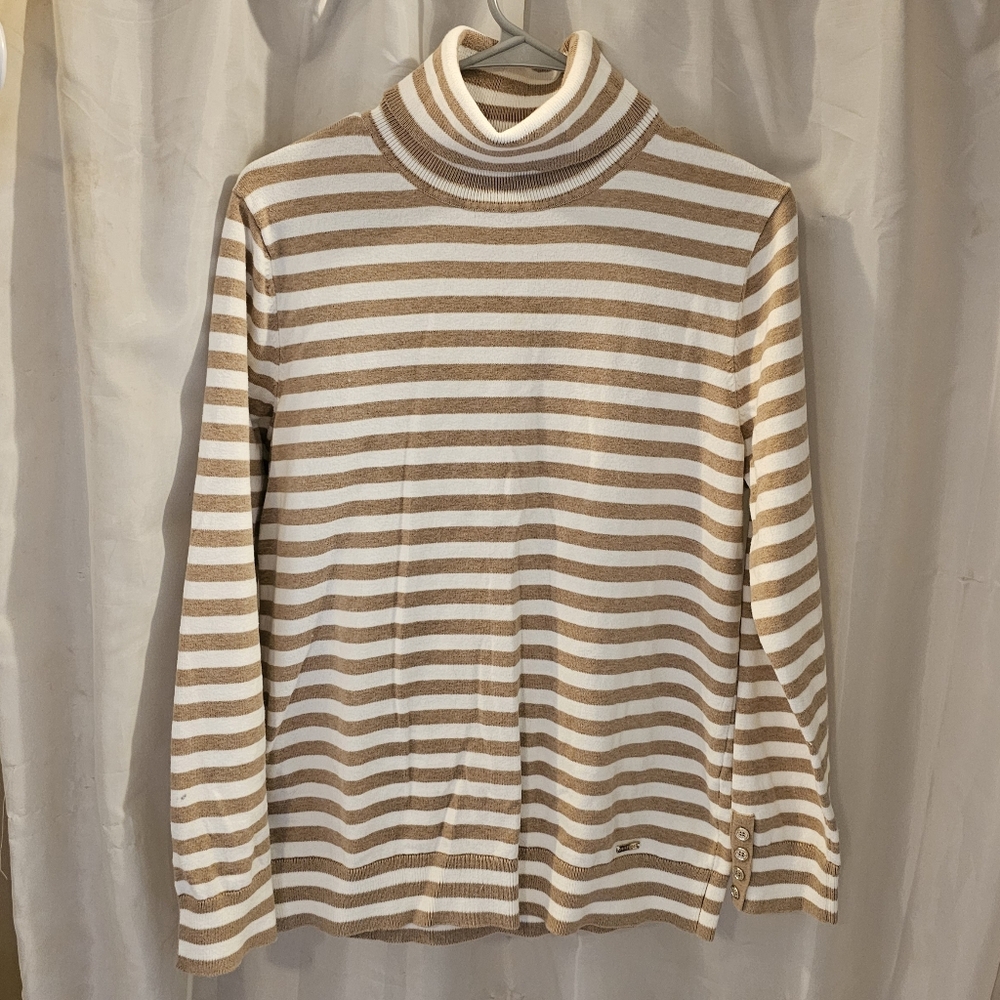 Tommy Hilfiger Tan and White Striped Turtleneck Sweater